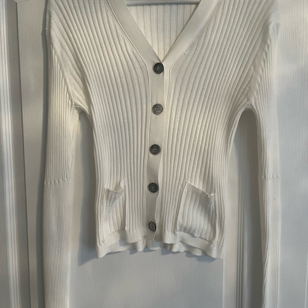 SIBEL SAREL Women's White v-neck Ribbed Cardigan Sweater